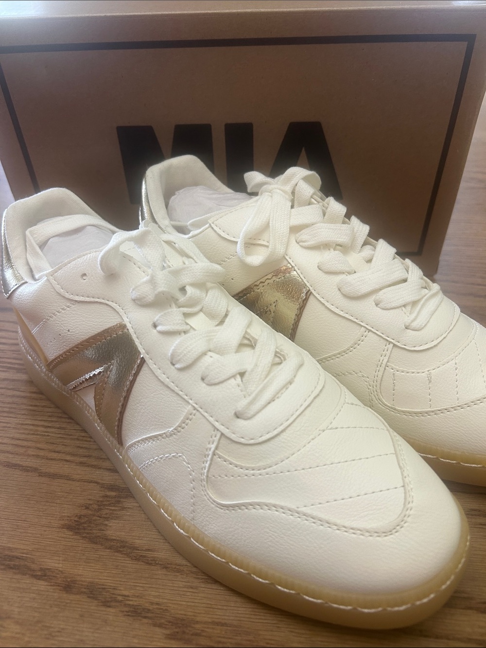 MIA Women's Cream Leather Sneakers with Metallic Gold Accent